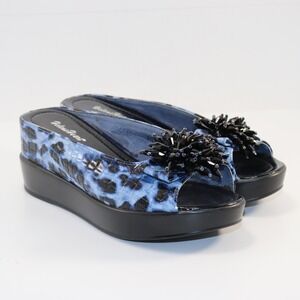 Helen's Heart Platform Slides Womens 9 Blue Animal Print Beaded Wedge Sandals
